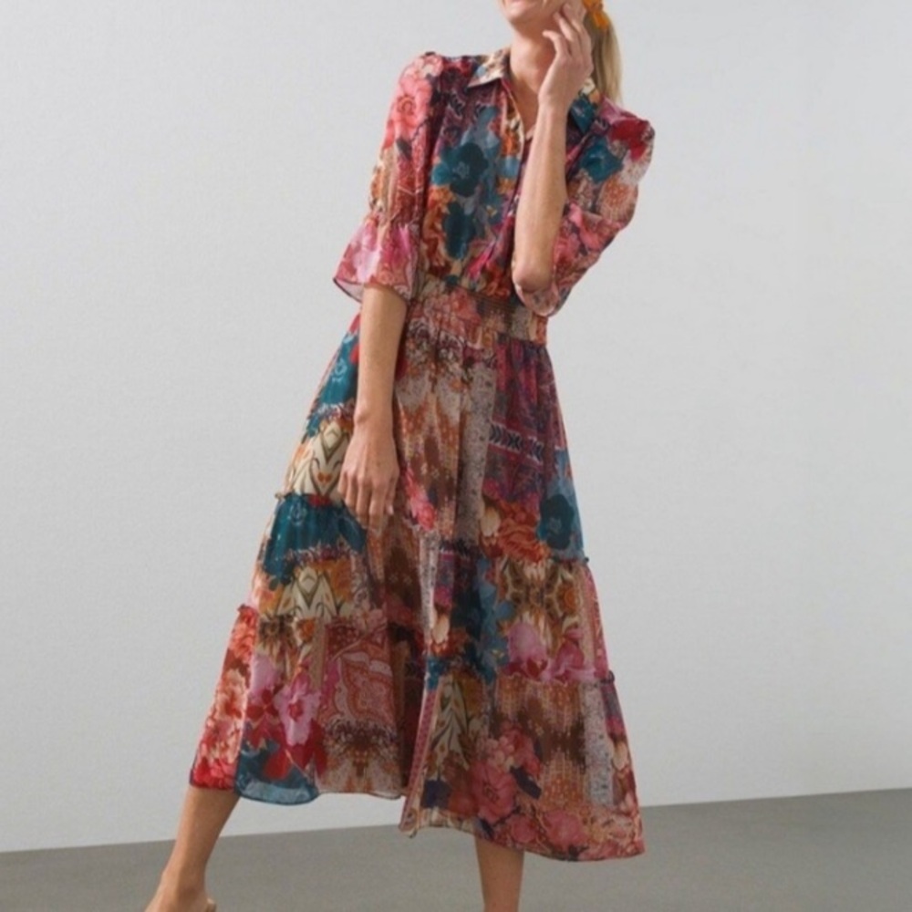 Chico's Patchwork Tapestry Floral Tiered Dress Size 000